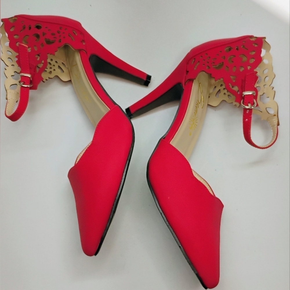 Beacon Red Stiletto Strappy Heels 3.75" Women's Sz 7 M Pointed Toe NOWT - Picture 2 of 14